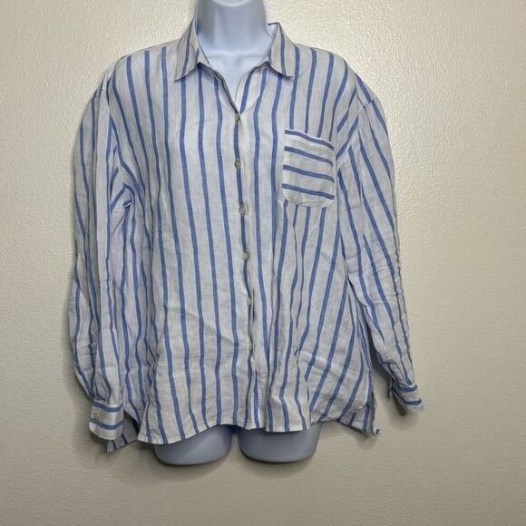 J Jill Shirt Womens Petite Medium Blue Striped Love Linen Button Long Sleeves - Picture 1 of 7